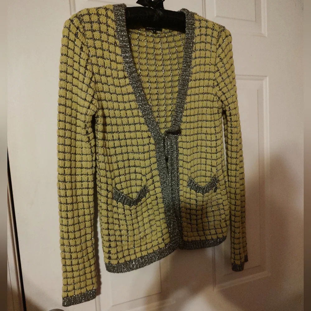 🌿🩶🌿 Gorgeous Chartreuse & Silver Metallic Open Weave Tie Cardigan - S - Picture 5 of 16
